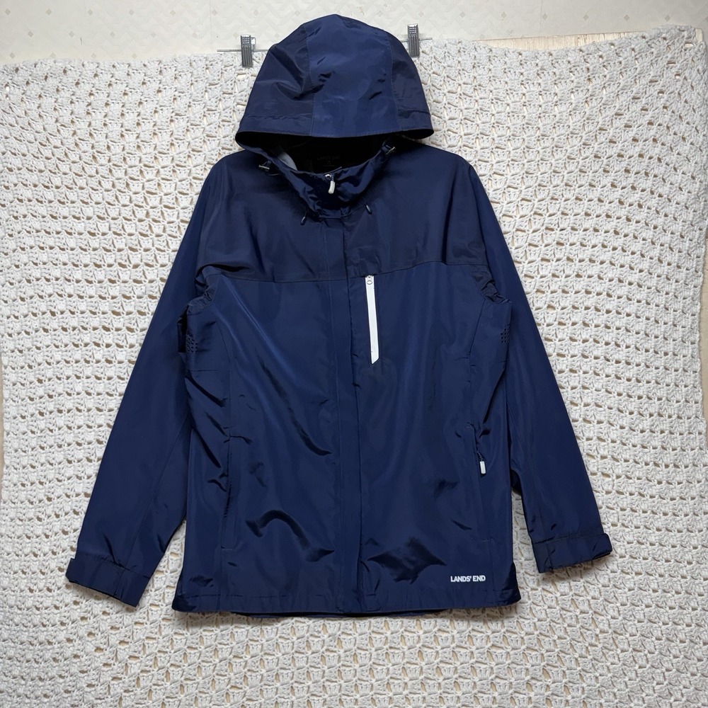 Land's End Waterproof Hooded Packable Rain Jacket Mens Sz M Blue Full Zip